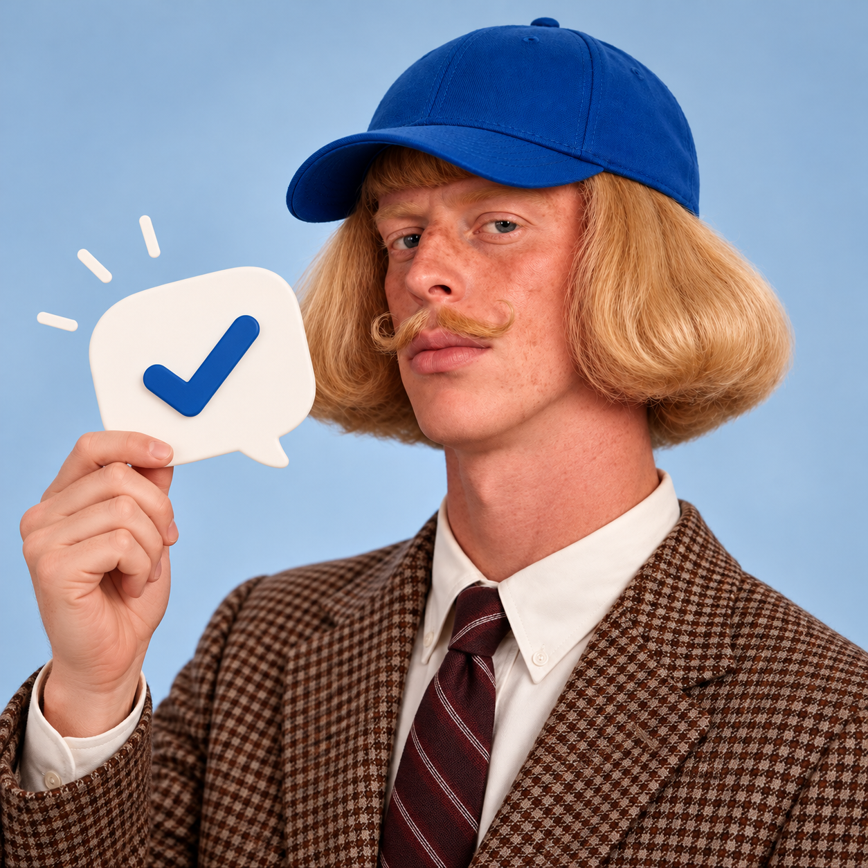 Jean holding a blue check mark