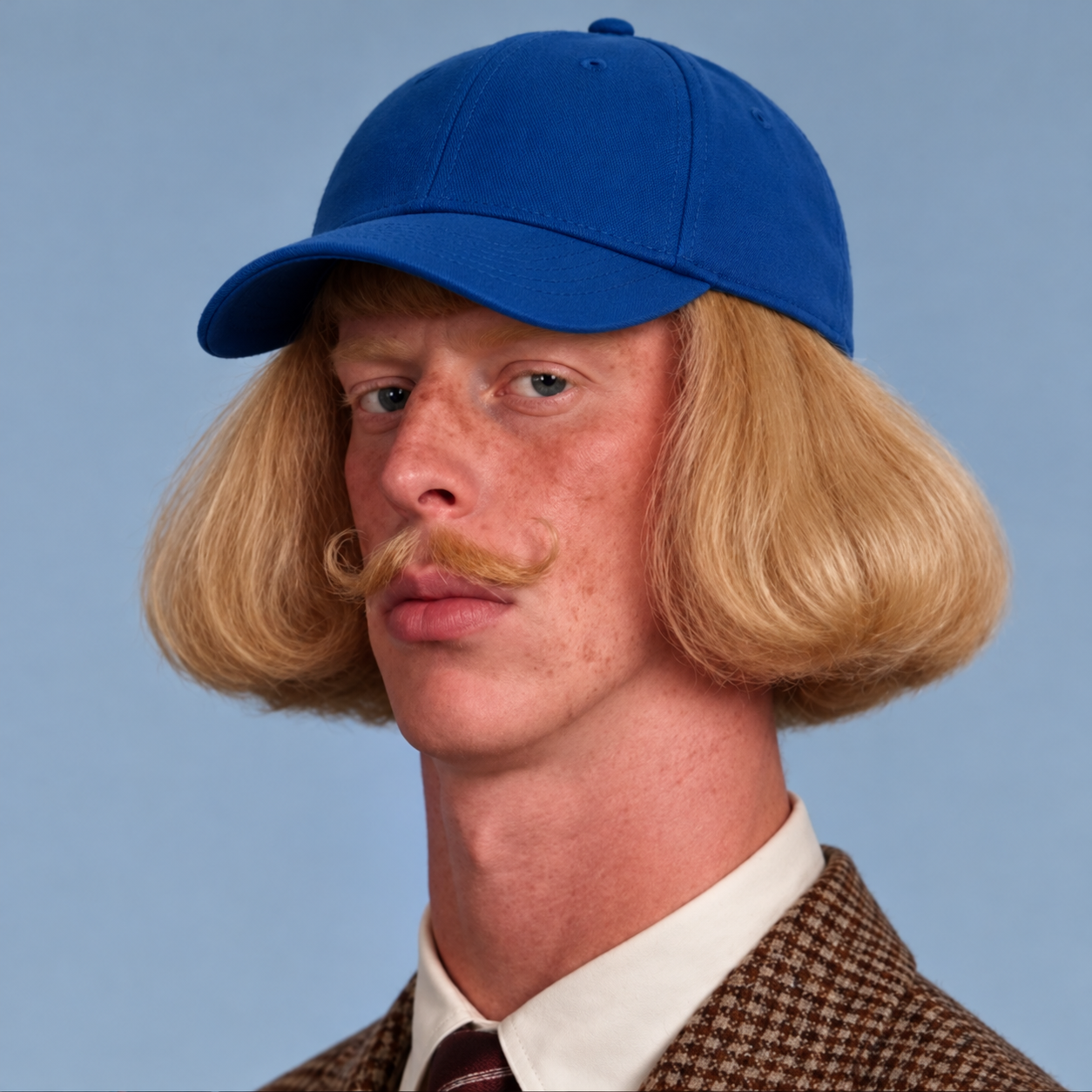 Jean in a blue cap, a tweed suit and an unreasonably magnificent moustache