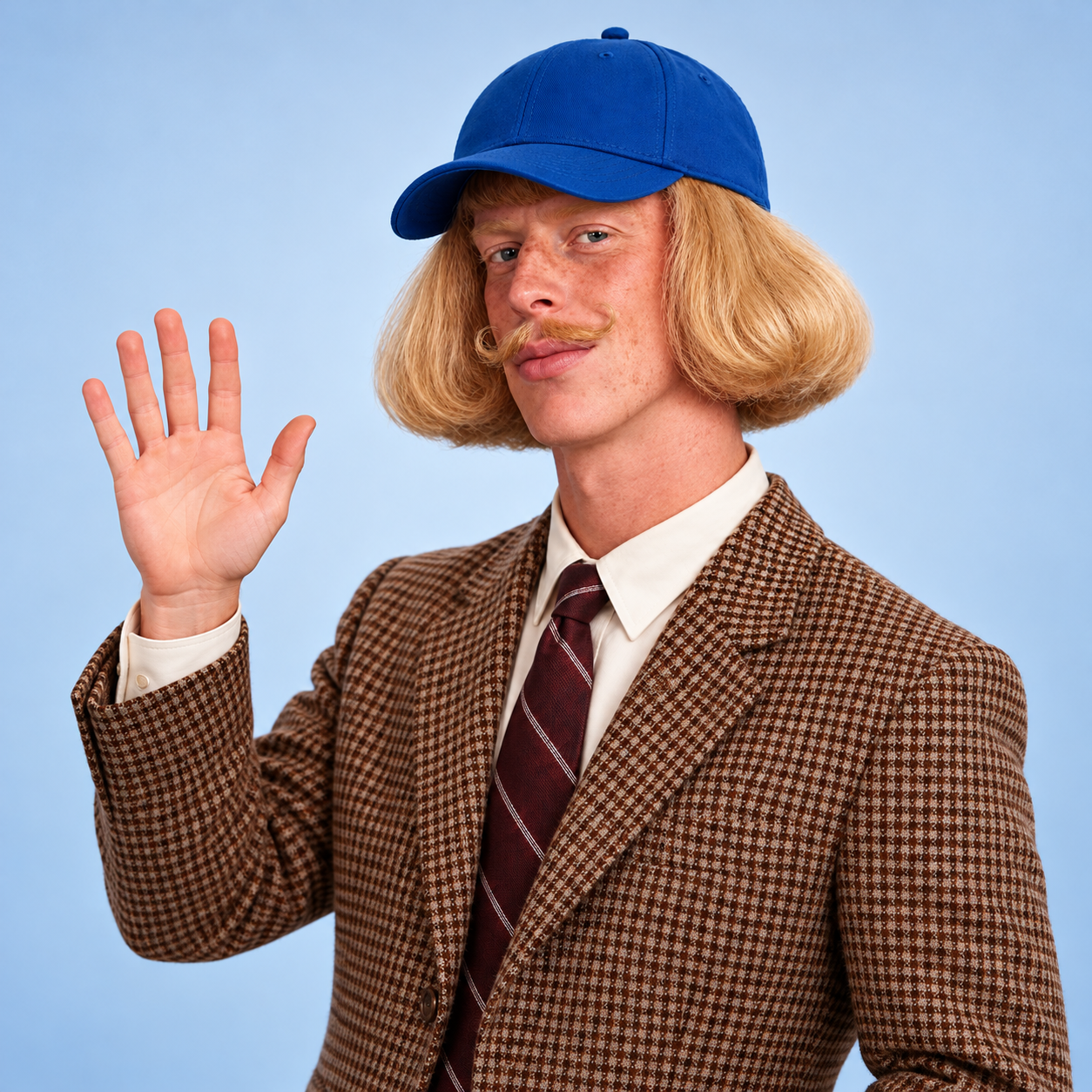 Jean politely waves hello in his signature blue cap